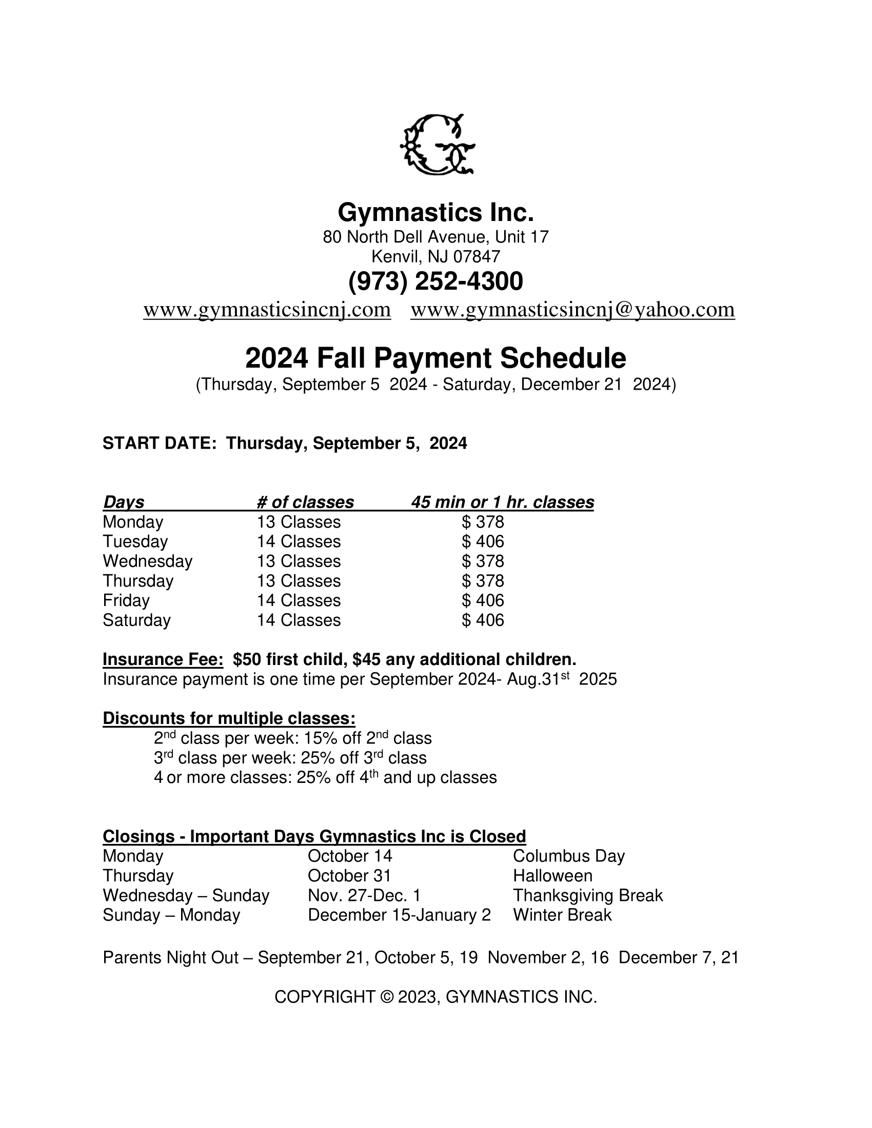 2024 FALL PAYMENT SCHEDULE 1