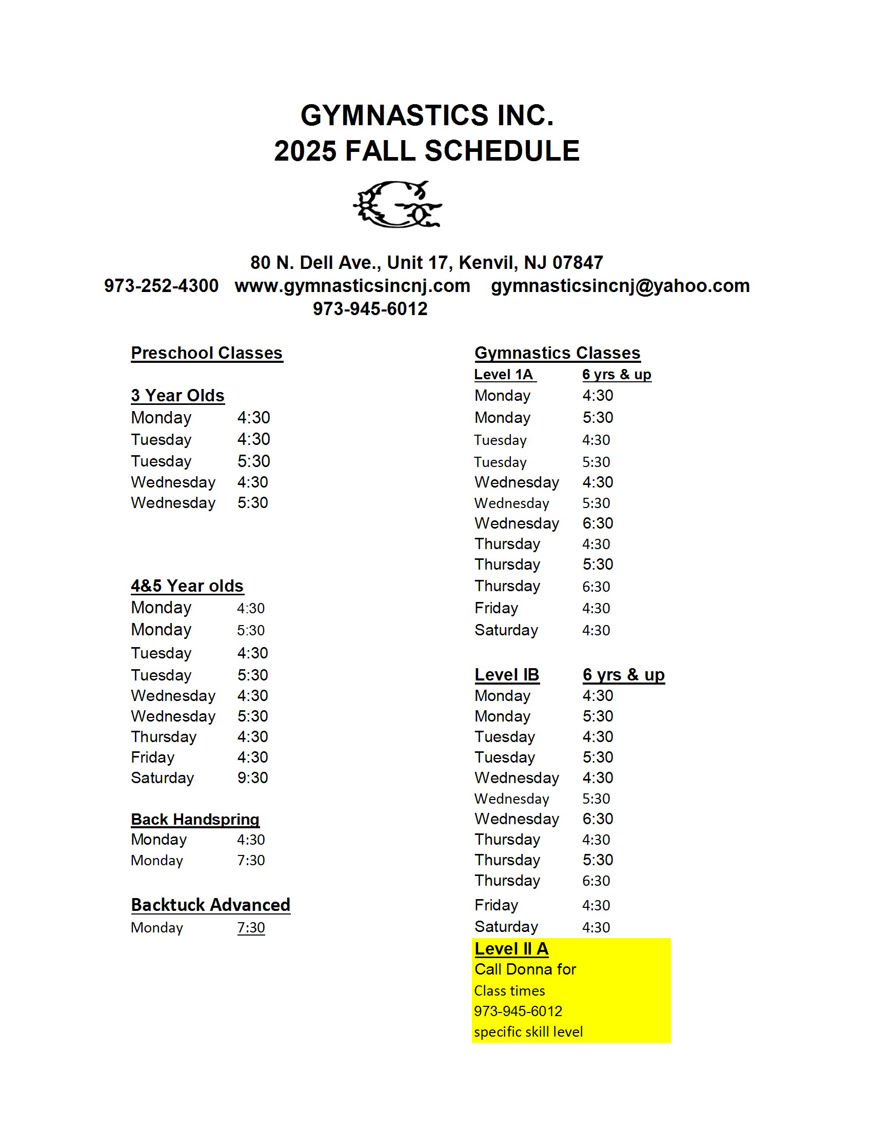 2025 FALL CLASS SCHEDULE conv 2